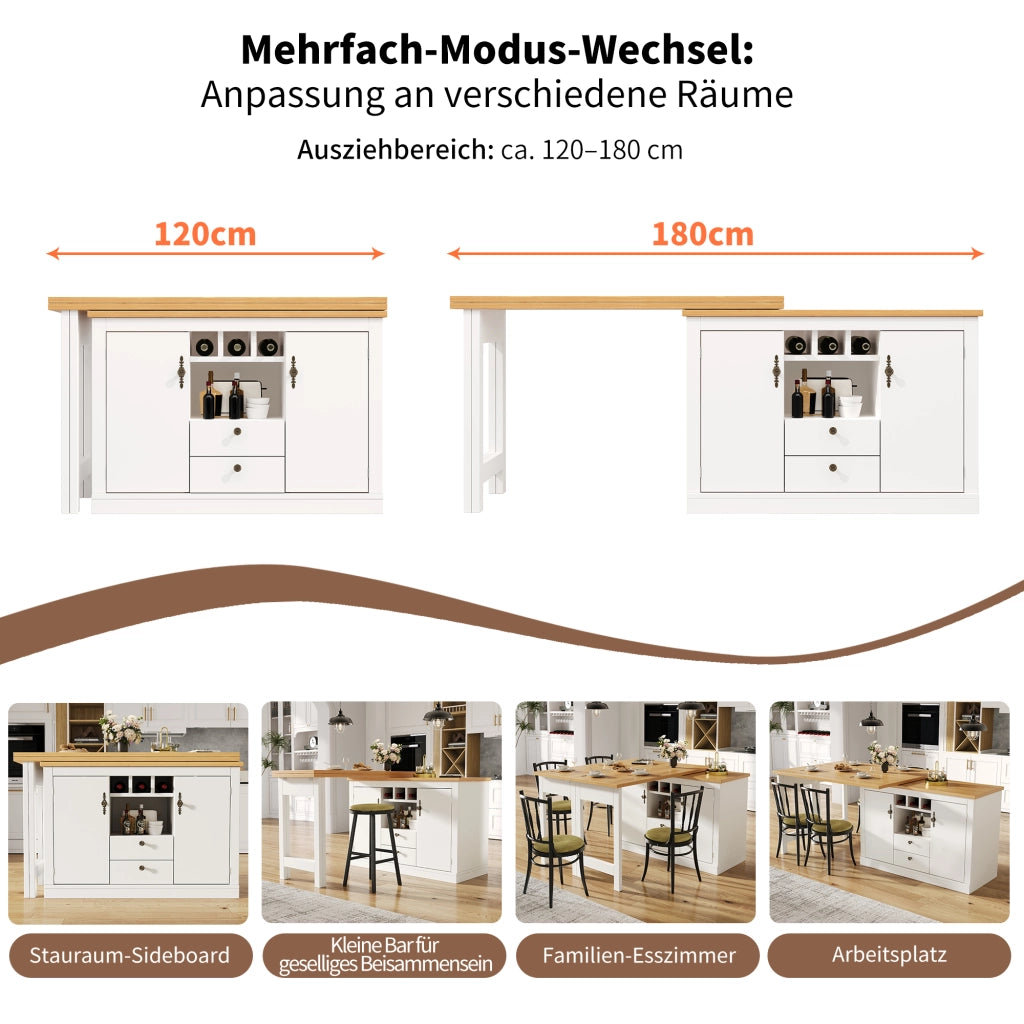 OKWISH Tavolo Consolle Allungabile con Vani Contenitori, Portabottiglie e Ripiani Regolabili, Girevole, in MDF, Naturale e Bianco