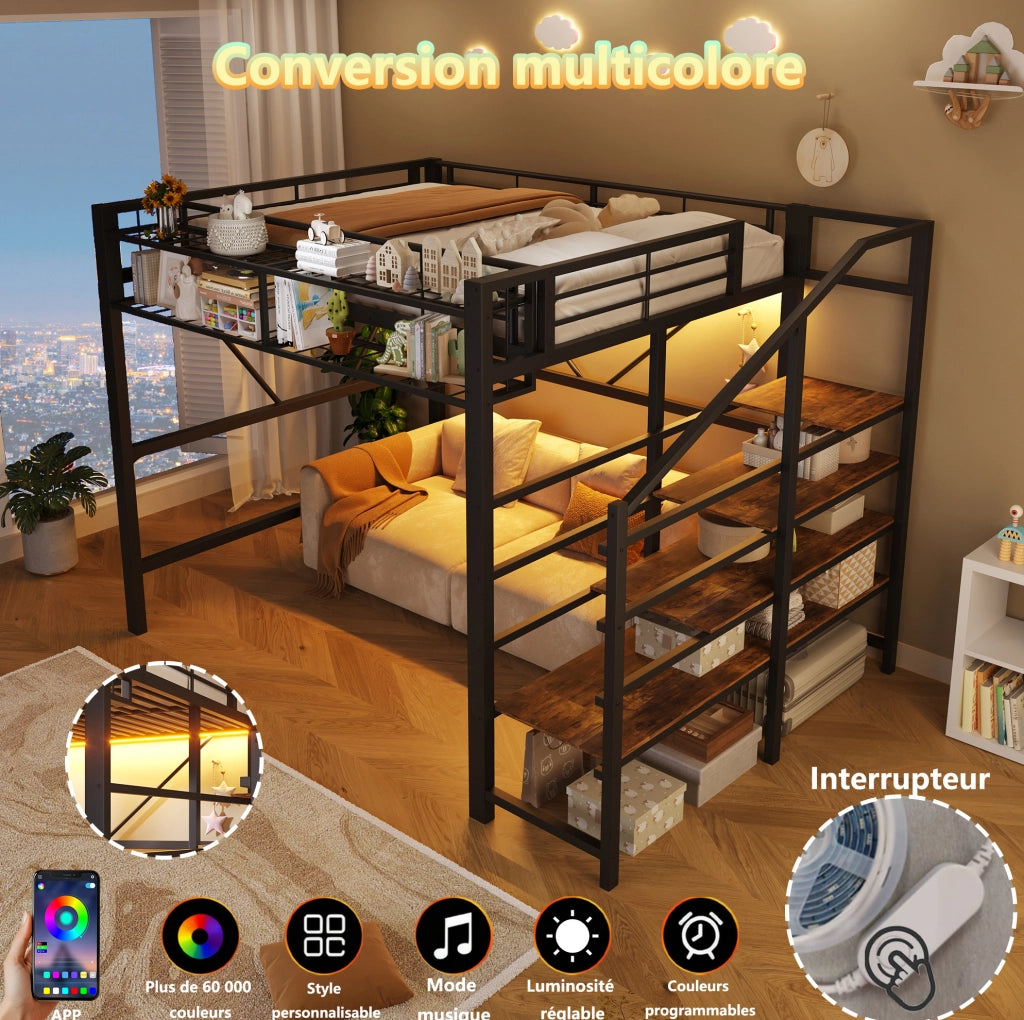 Letto a soppalco ULEVR 140x200 cm con LED dimmerabile, scala con ripiani e vano aperto, nero