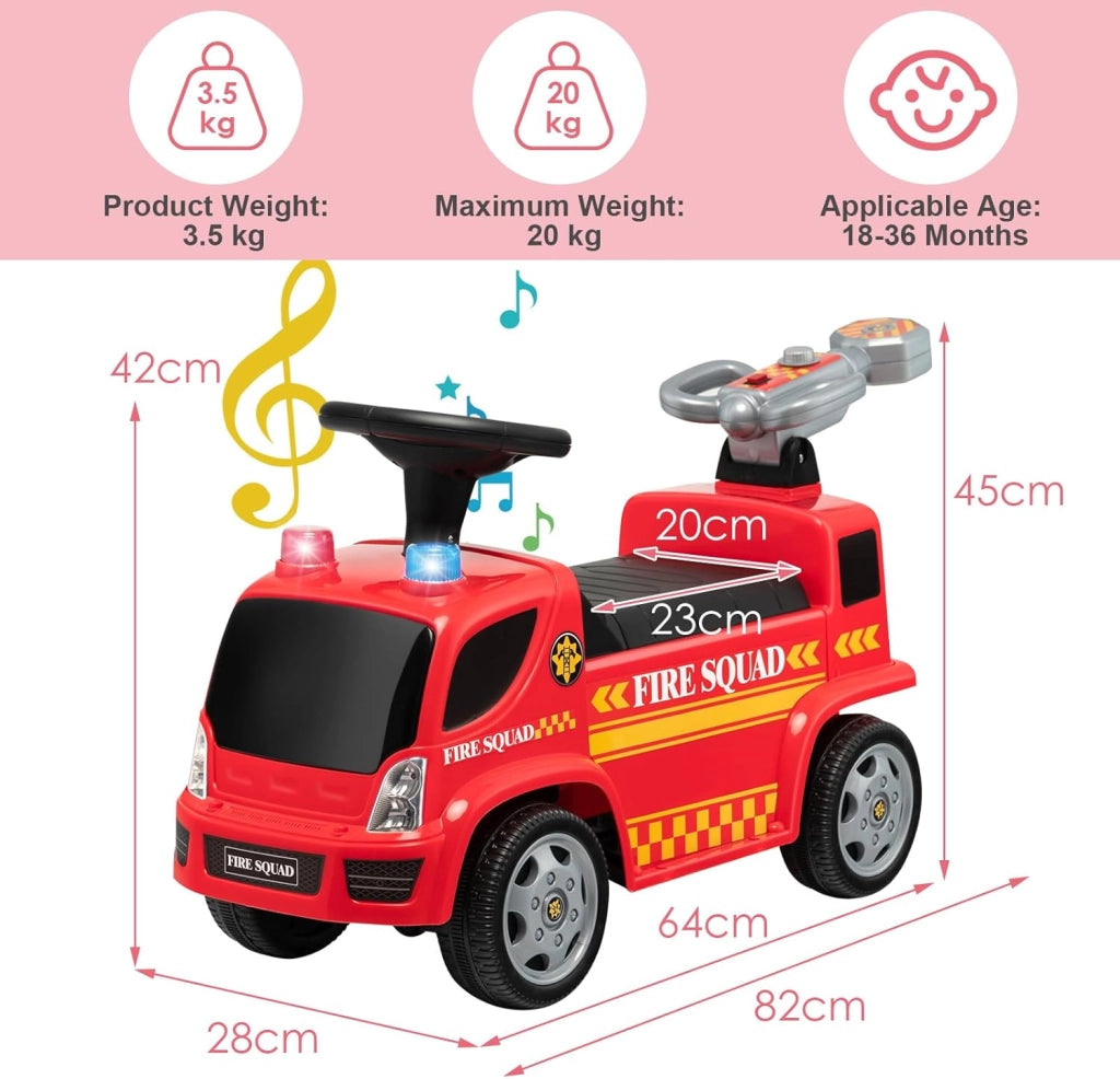Macchina Cavalcabile per Bambini, Camion Pompieri Realistico con Sedile, Pistola a Bolle d'Aria, Musica, Sirena e Luci di Emergenza, Carica 20 KG, Macchina per Bambini da 18-36 Mesi (Stile A)