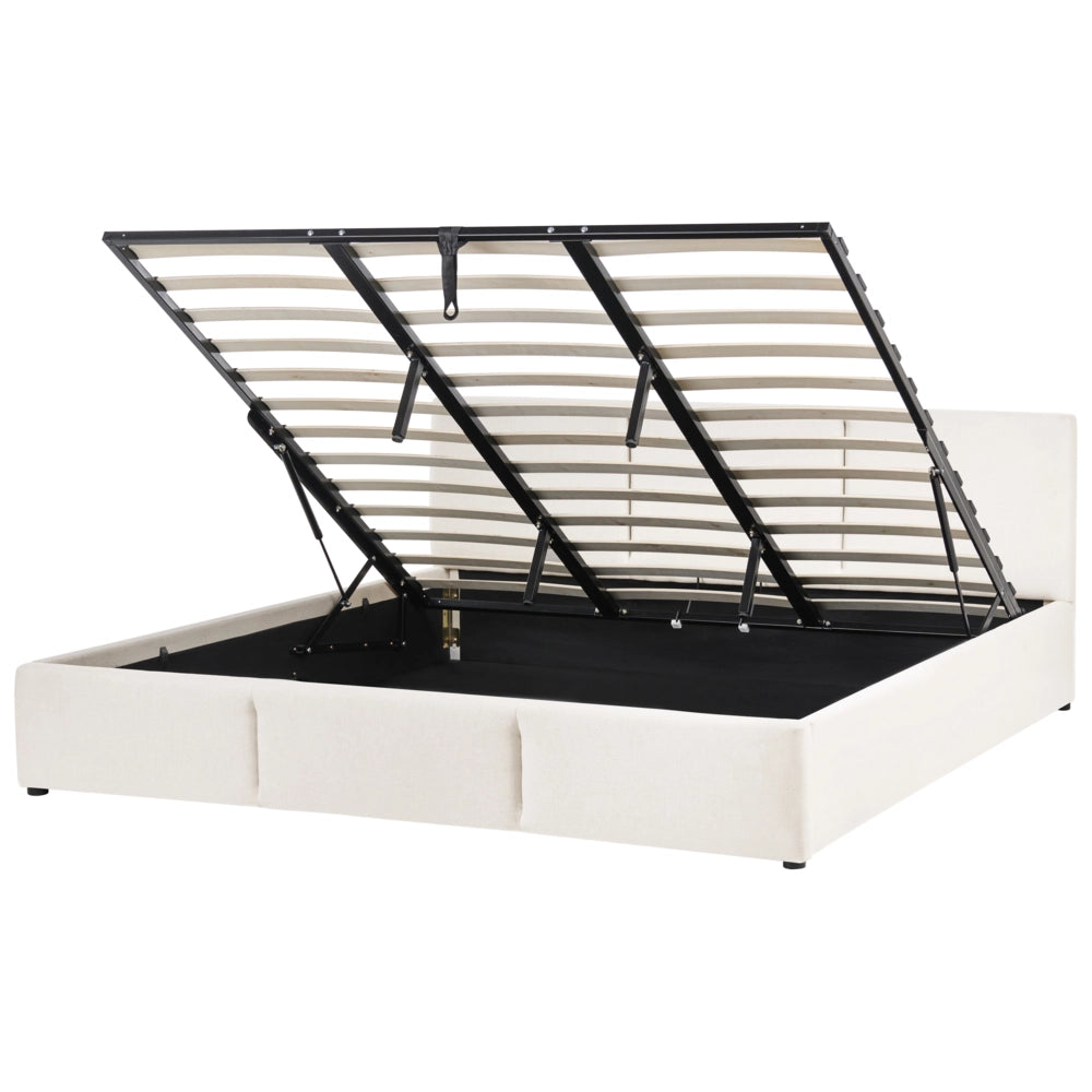 Letto rivestito in tessuto bianco sporco 180 x 200 cm, testiera trapuntata con vano portaoggetti
