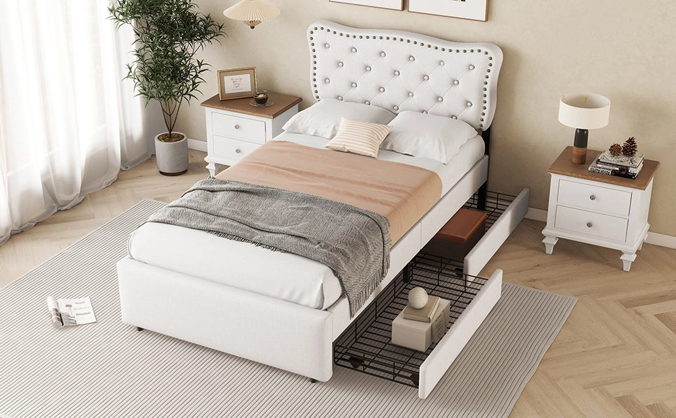 DESMIU Lit simple 90 × 200 cm con 2 cassetti, testiera regolabile, senza materasso, in MDF, beige chiaro