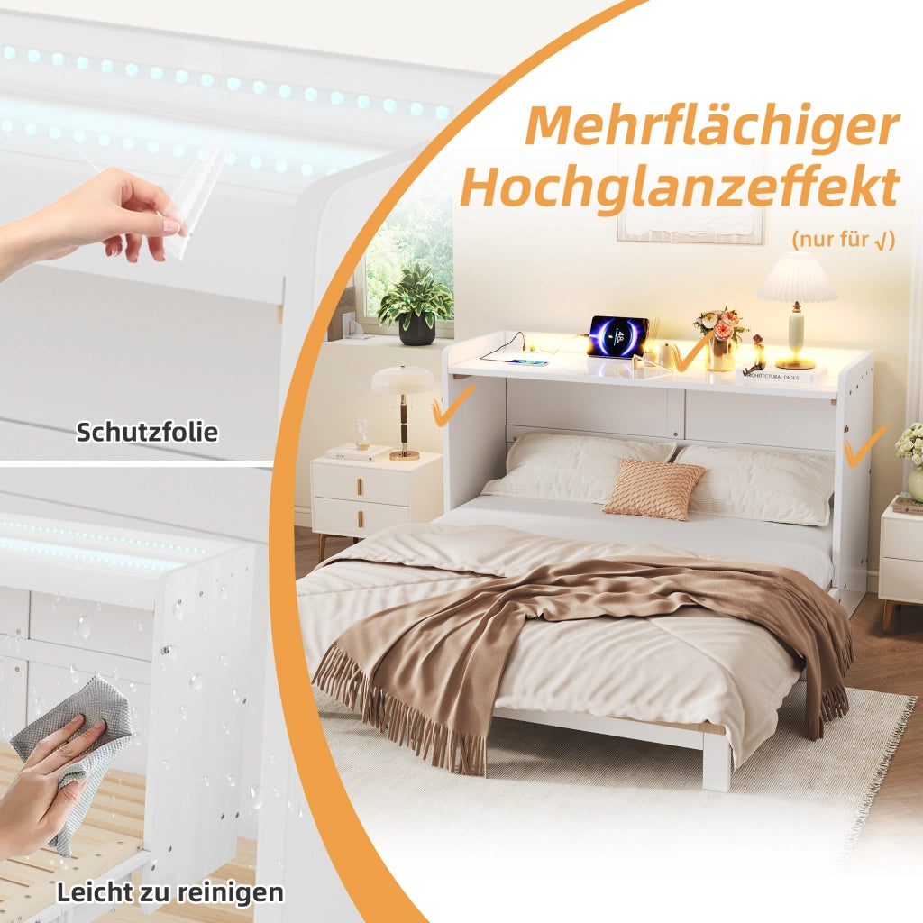 Letto a scomparsa 140 × 200 cm con cassetti, USB, presa e striscia LED, senza materasso, bianco lucido