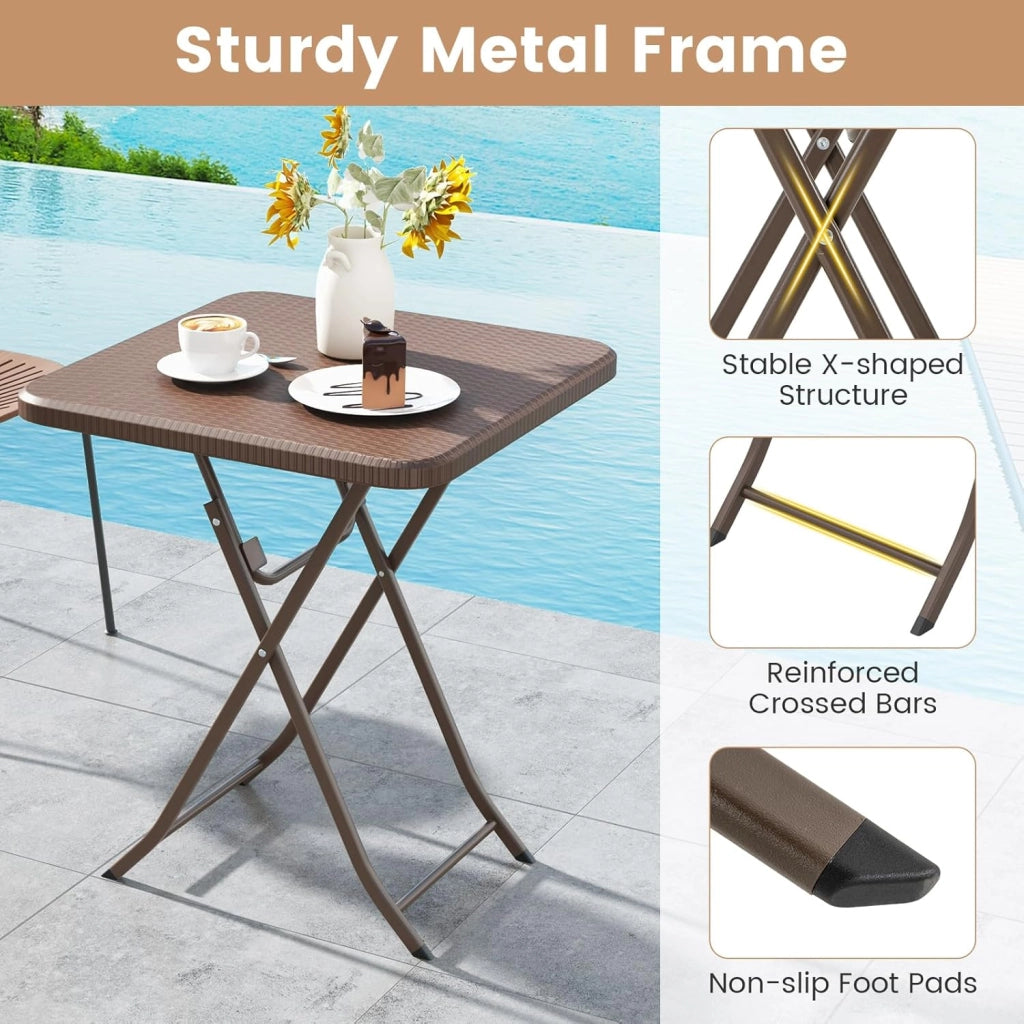 Tavolo da picnic pieghevole per 2 persone con piano in HDPE, tavolo da patio quadrato con texture in rattan con telaio in metallo, senza assemblaggio, per interni ed esterni