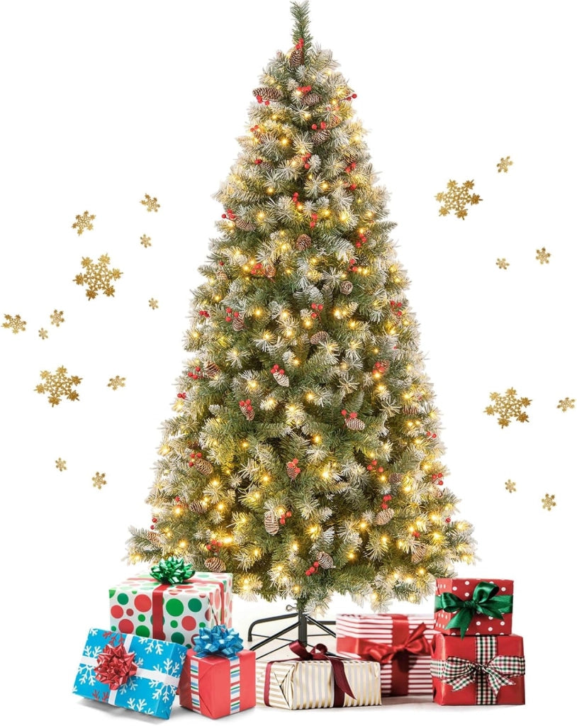 Albero di Natale Artificiale 150/195 cm, Albero di Natale con Luci LED e 8 Modalità di Illuminazione, Christmas Tree con Pigne e Bacche Rosse, Supporto in Metallo, per Casa, Negozio (S)