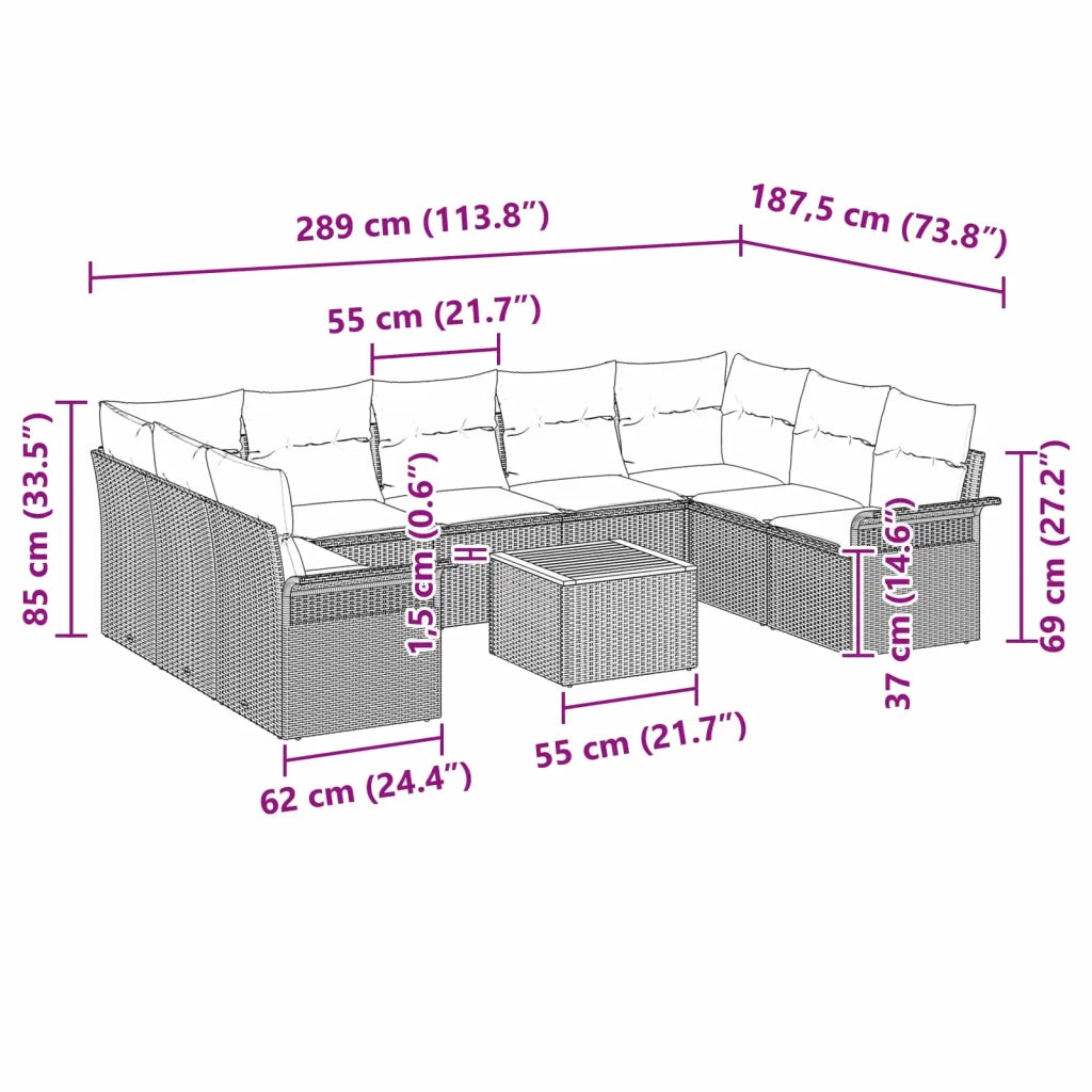 Set Divano da Giardino con cuscino 10 pcs Grigio polyrattan