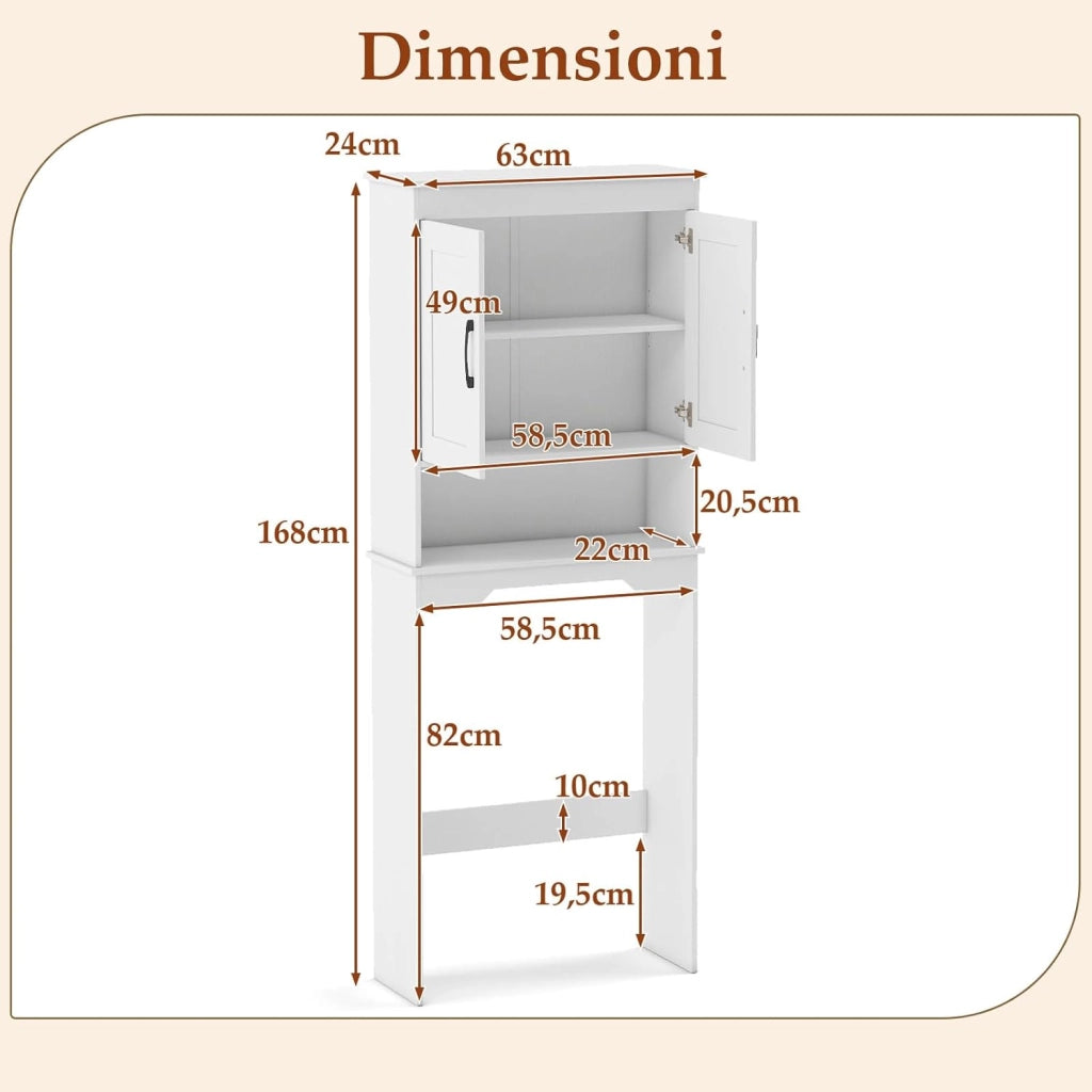 Mobiletto da Bagno sopra il WC, Mobile da Bagno Autoportante Alto 168 cm con 2 Ante e Ripiano Regolabile, Armadietto Salvaspazio sopra la Toilette per Lavanderia, 63 x 24 x 168 cm