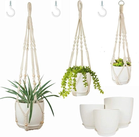 Impianti per Piante da Appendere con Piattine e Ciotole da 3 Impianti per Piante da Sospensione per Piante da Interno Maniglie per Piante da Appendere con Ganci 86cm/66cm/50cm