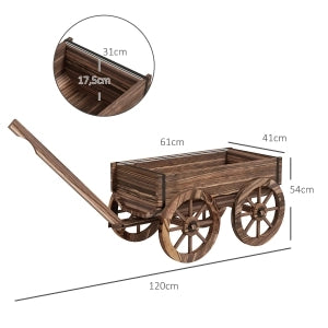 Carrello portafiori in legno con manico, fioriera da esterno con ruote, 34 L, marrone
