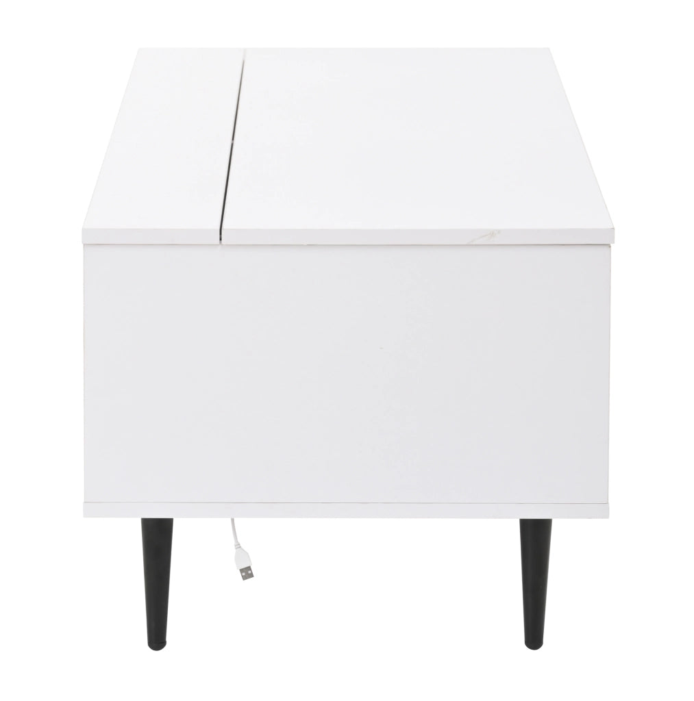 Tavolino da salotto 105x50x43 cm; rialzabile con LED e vano nascosto; truciolato; bianco