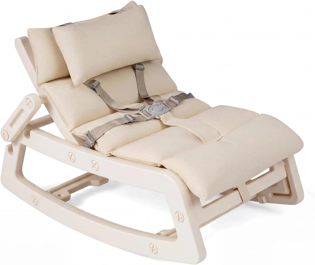 Sedia a Dondolo Bambini, Schienale Regolabile, con Cucino (Beige) | Sdraietta a Dondolo, Poggiatesta Rimovibile e Cintura 5 Punti, Portata 80 kg, per Bambini 6+ Mesi