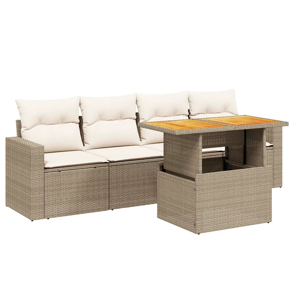 Set Divano da Giardino 5 pz con Cuscini Beige in Polyrattan