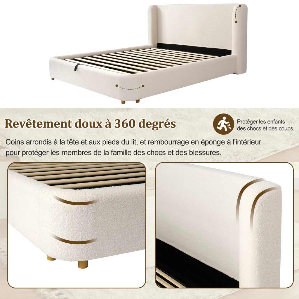 Letto Contenitore 160x200 cm; Letto Matrimoniale con Contenitore in Bouclé Beige