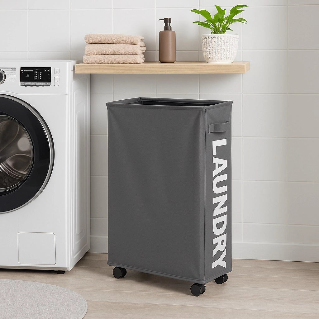 Cesto Biancheria Sporca Pieghevole in Tessuto Oxford Slim con Ruote e Coperchio Grigio