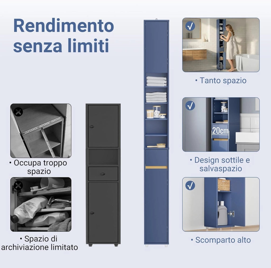 Mobile Bagno Alto e Stretto, Mobili Salvaspazio Mobiletto a Colonna da Terra con Ripiani Regolabili e Cassetto Armadietto per Bagno e Lavanderia 20×20×180 cm BZR34-II-B