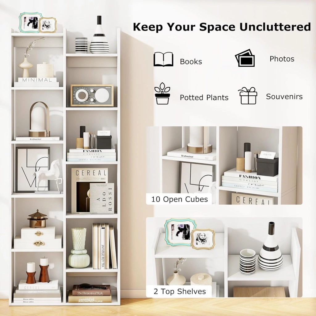 Libreria, scaffale con 12 scomparti aperti e 2 fusibili ribaltabili, 65 x 20 x 162 cm, scaffale in legno, per soggiorno, ufficio e camera da letto (naturale)