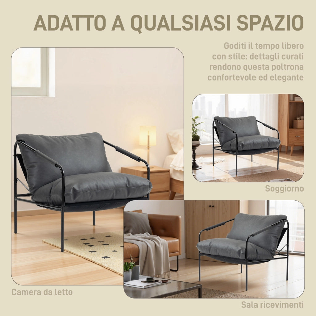 Poltrona da Salotto in Pelle PU e Telaio in Metallo con Cuscini Spessi, 74.5x75x77 cm, Grigio Carbone