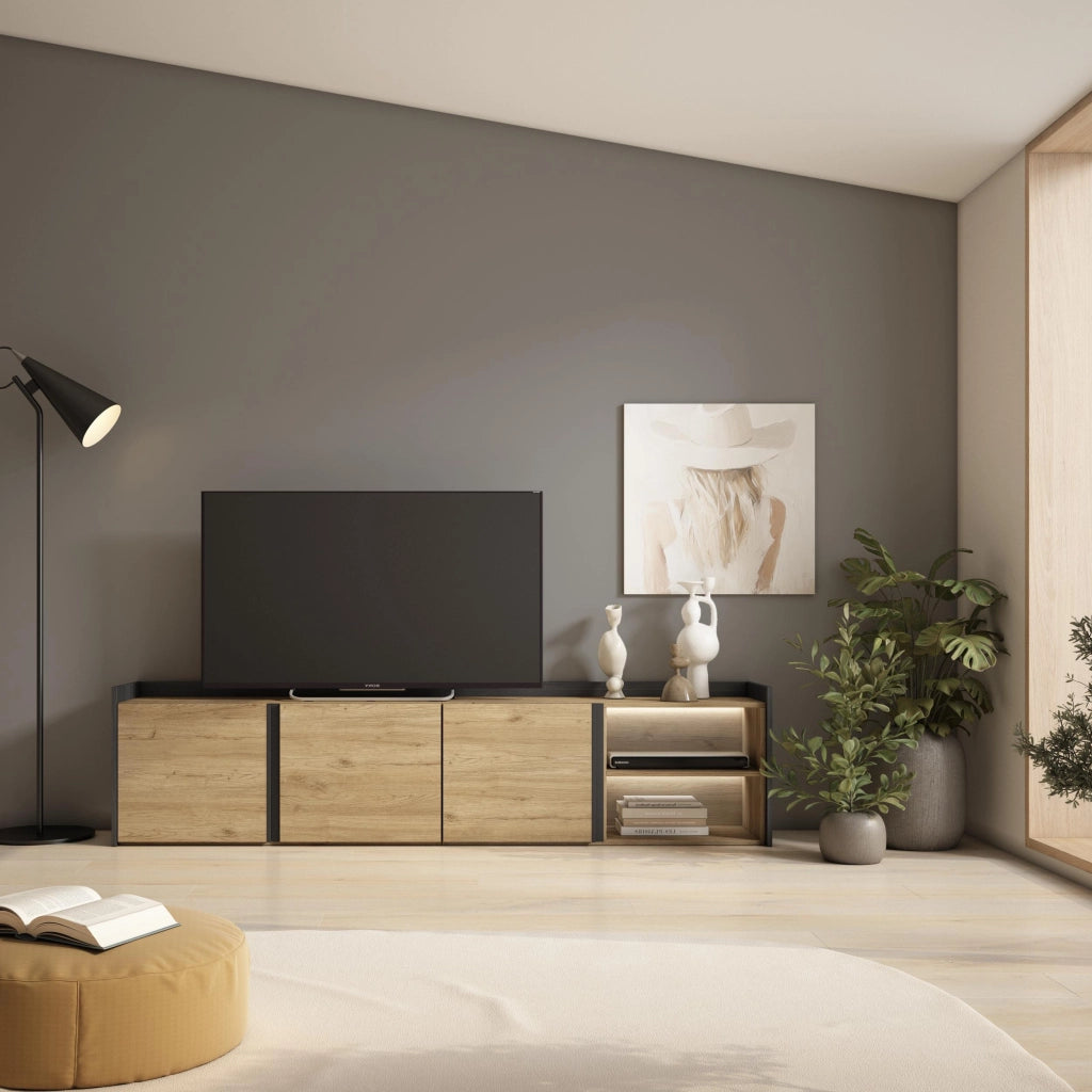 Mobile TV Soggiorno, 207x50x35 cm, Per TV fino a 80", LED, Rovere e nero