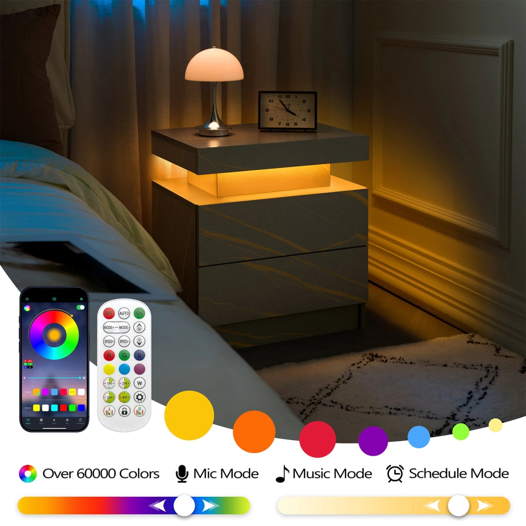 Comodino con LED e 2 cassetti con vano aperto per camera da letto e soggiorno, 59 × 45 × 20 cm, in legno ingegnerizzato, grigio e oro