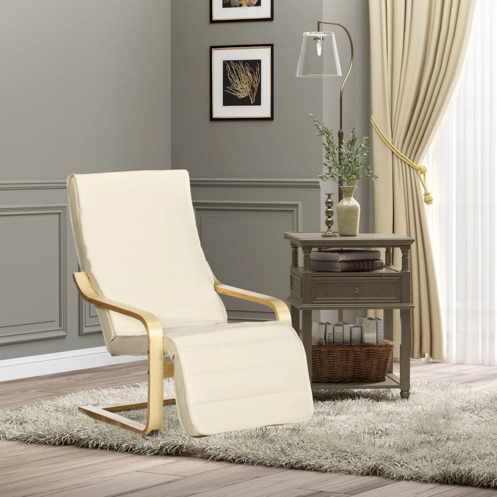 Poltrona Relax con Poggiapiedi Regolabile in 5 Posizioni Seduta Ampia in Betulla e Poliestere Bianco Crema 66;5 × 94 × 100 cm