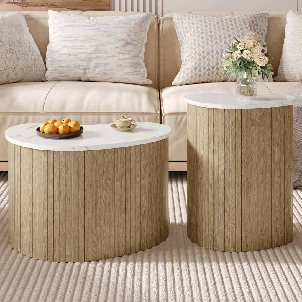 Set di 2 tavolini da caffè curvi in MDF naturale e bianco