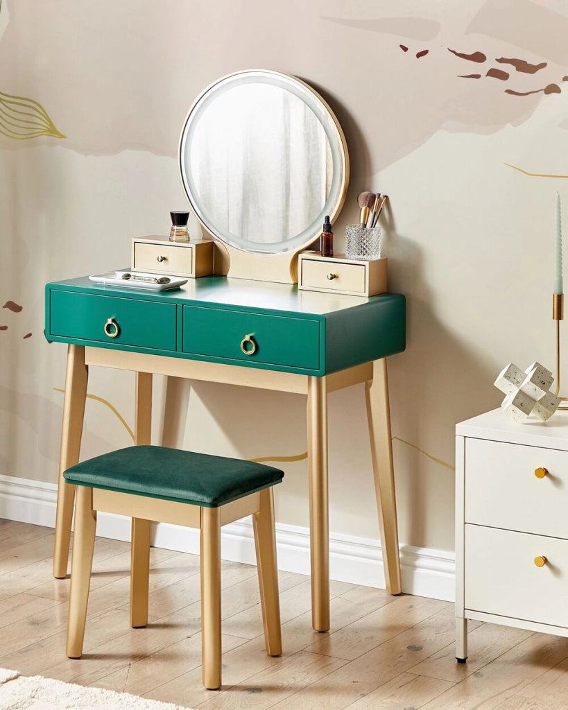 Toeletta in legno MDF e poliestere verde e dorata con sgabello e specchio LED camera da letto soggiorno