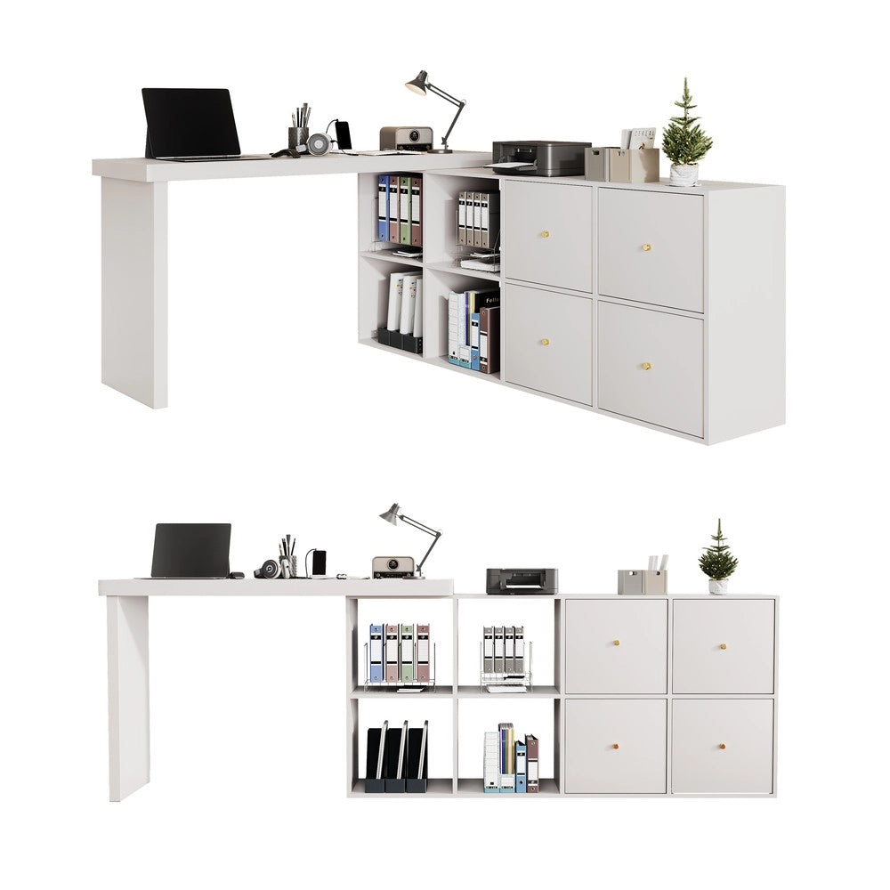 Scrivania Angolare con Cassetti e Ripiani ¨C MINIMAL ¨C MDF Bianco, Piano Girevole 360¡ã