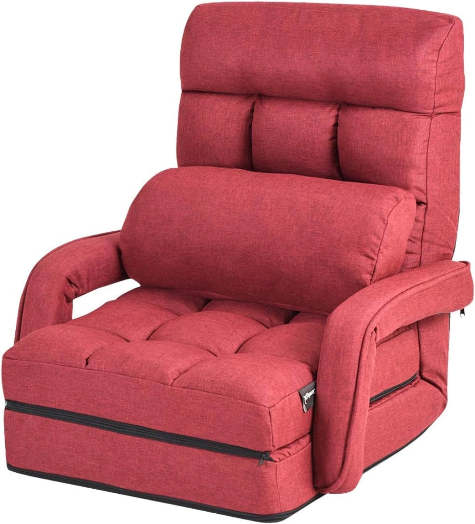 Poltrona Pieghevole da Relax, Schienale Reclinabile a 5 Livelli, Cuscini Imbottiti, Multiuso e Regolabile, Portata di 120 kg, per Ufficio/Soggiorno/Studio, 67x65x72 cm, Bianco