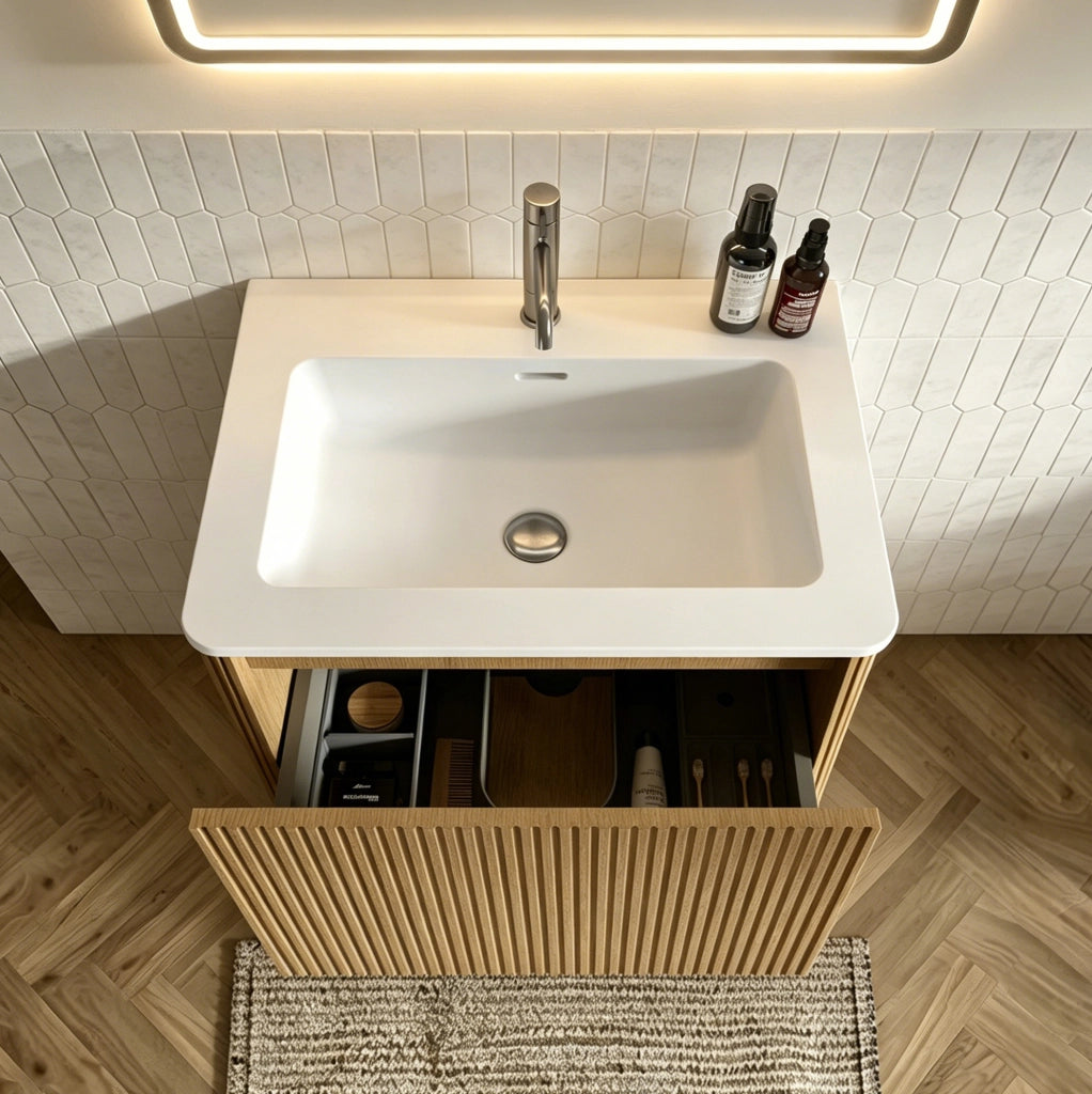 MOBILE BAGNO Sospeso con Specchio LED e Lavabo Integrato Rovere