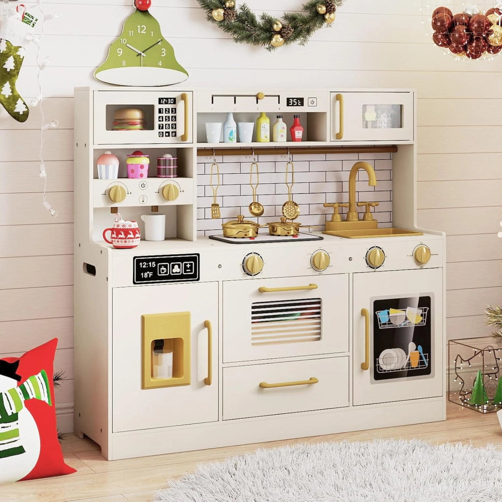 Cucina Giocattolo per Bambini, Set Cucina Gioco in Legno con Macchina per Ghiaccio, Caffettiera, Lavastoviglie e Accessori, Luci e Suoni, Regalo di Ruolo per Bambini 3+ Anni