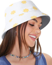 Cappello da sole in cotone riciclabile - Cappello a imbuto pieghevole a doppia faccia con stampa fiori daisy - Cappello estetico per donne e ragazze per viaggi all'aperto - Dimensioni: M/L - Colore: bianco
