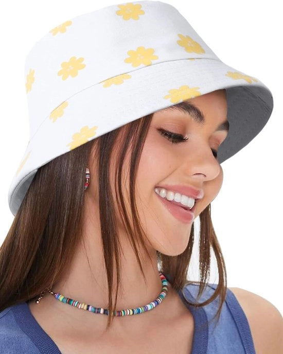 Cappello da sole in cotone riciclabile - Cappello a imbuto pieghevole a doppia faccia con stampa fiori daisy - Cappello estetico per donne e ragazze per viaggi all'aperto - Dimensioni: M/L - Colore: bianco