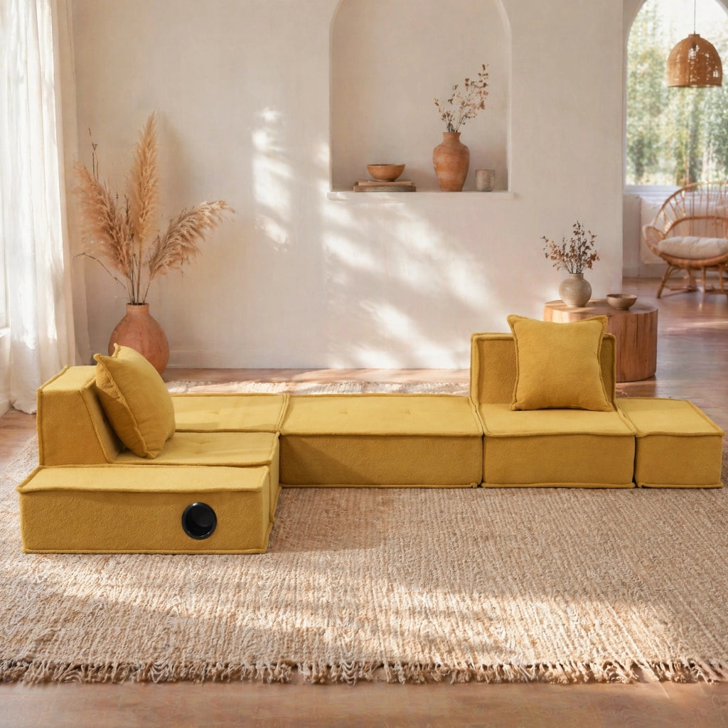 POUF Modulare 162x78x66 cm in Chenille Giallo Senape con 2 Cuscini