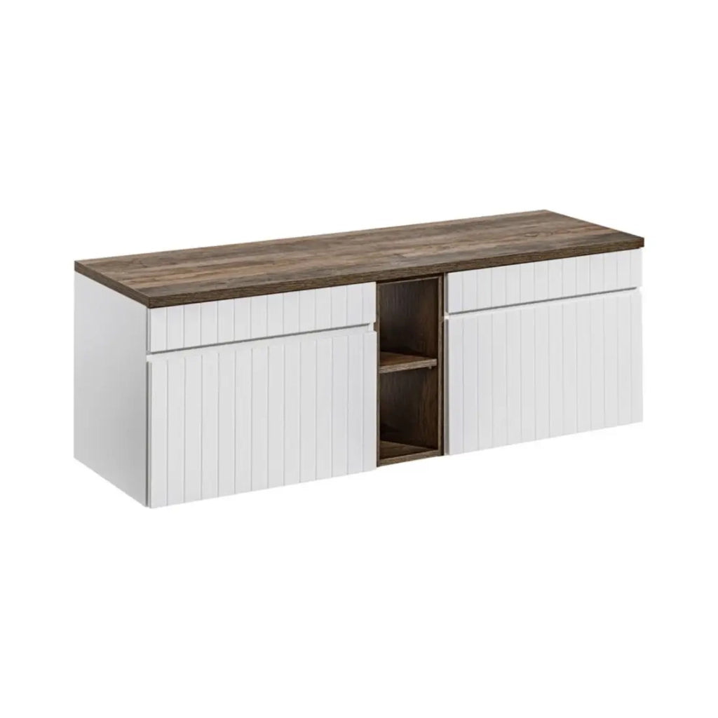 Set ICON bianco: mobili sotto lavabo 140cm con nicchie visibili + piano per lavabo effetto legno scuro