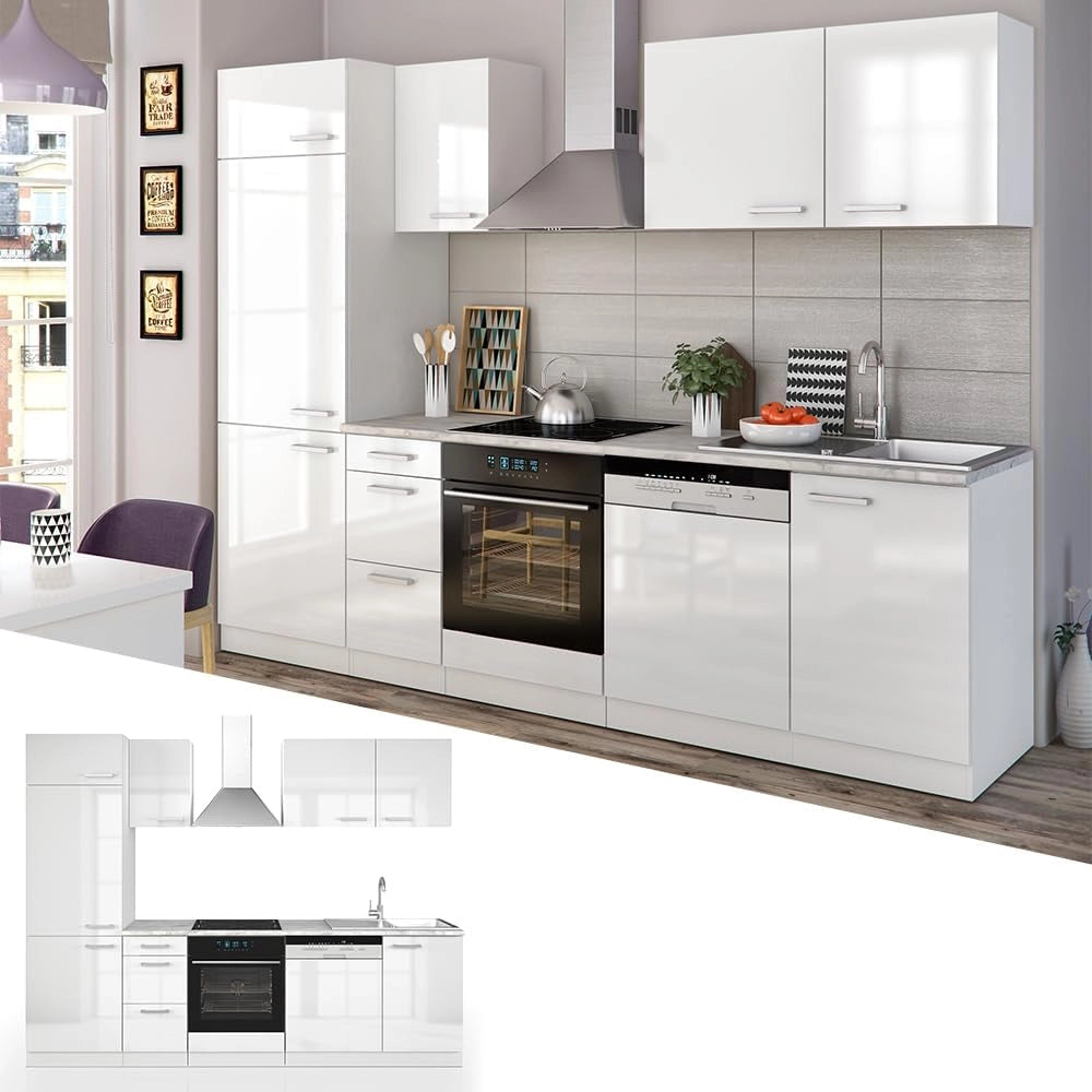 Cucina componibile Optima, Bianco lucido/bianco, 270 cm senza piano di lavoro, adatto per disposizione e ampliamento personalizzati