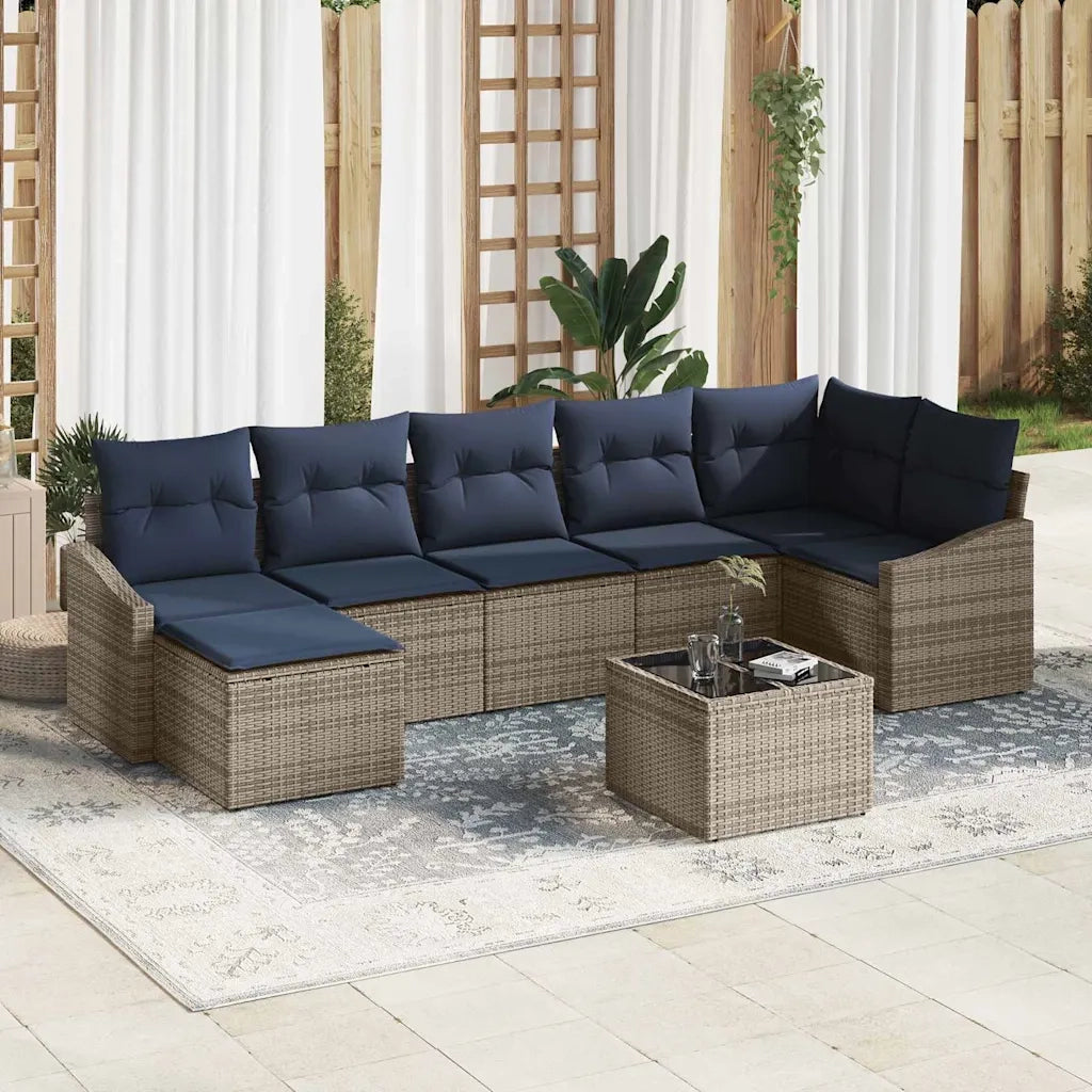 Set Divano da Giardino con cuscino Grigio e Blu Navy polyrattan