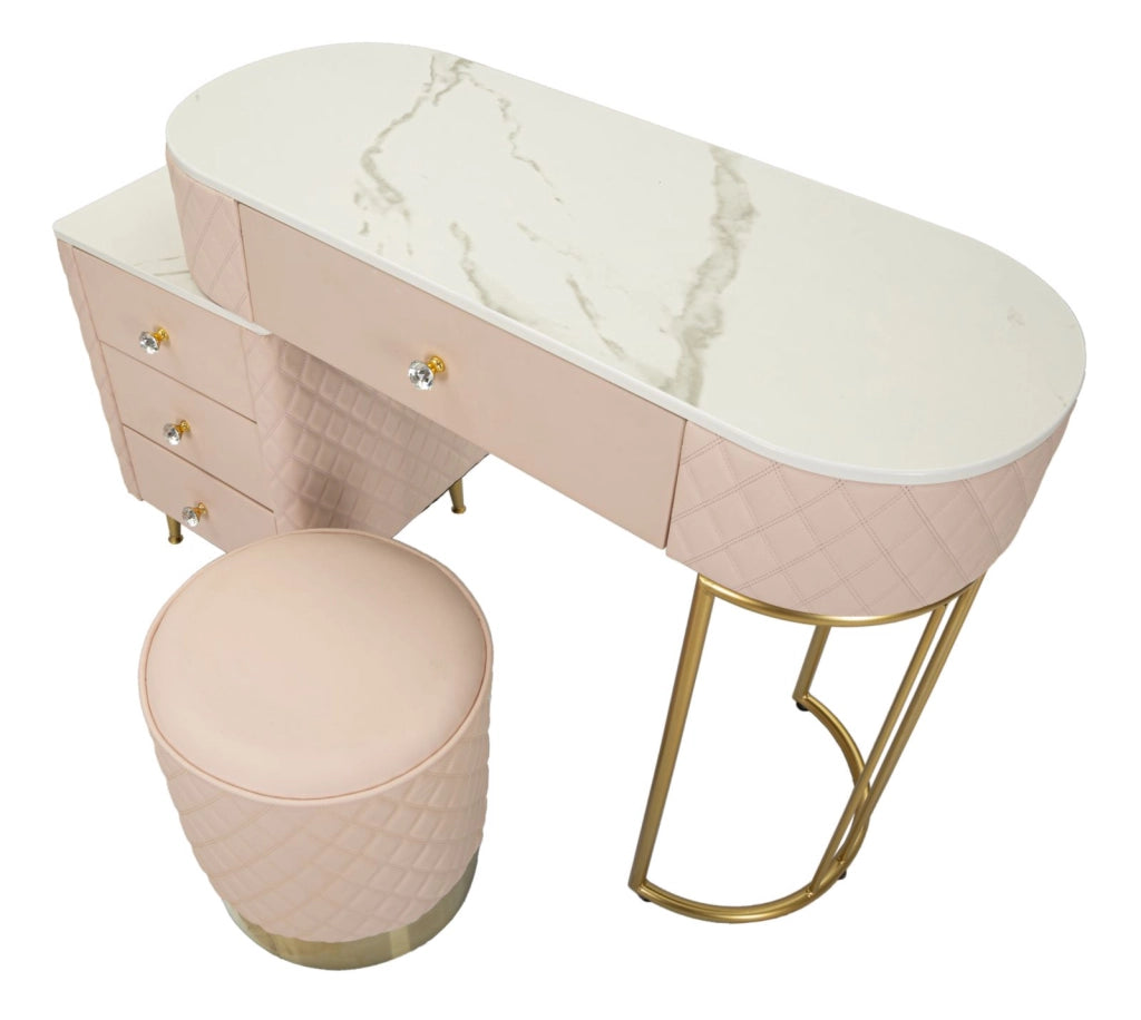 Toeletta Sharon Rosa con Puff 120x40x75 cm in Pino e MDF e Metallo e Plastica