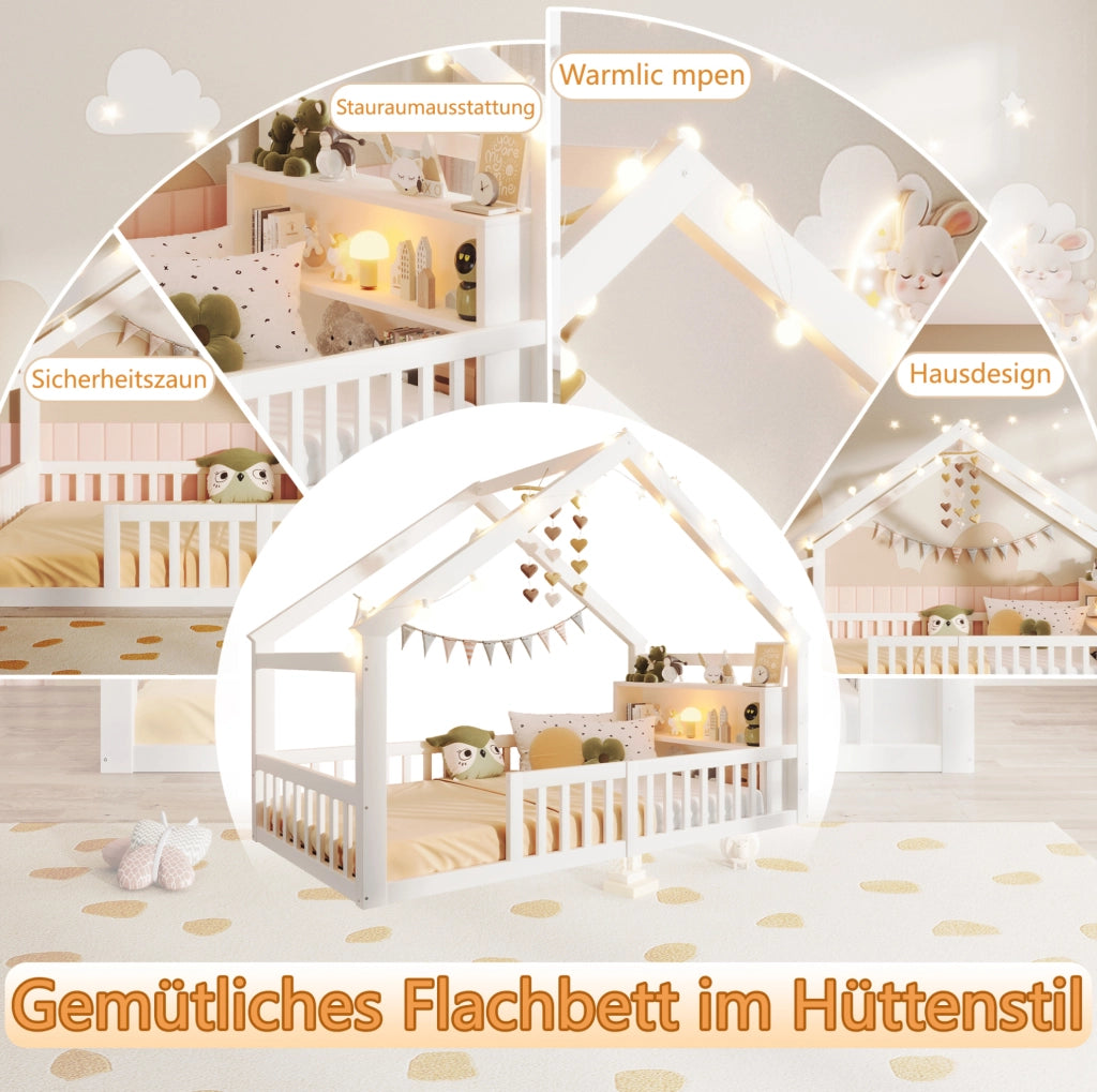 Letto a forma di casa ULEVR 90x190 cm con sponde di sicurezza, ripiani laterali e luci LED, bianco