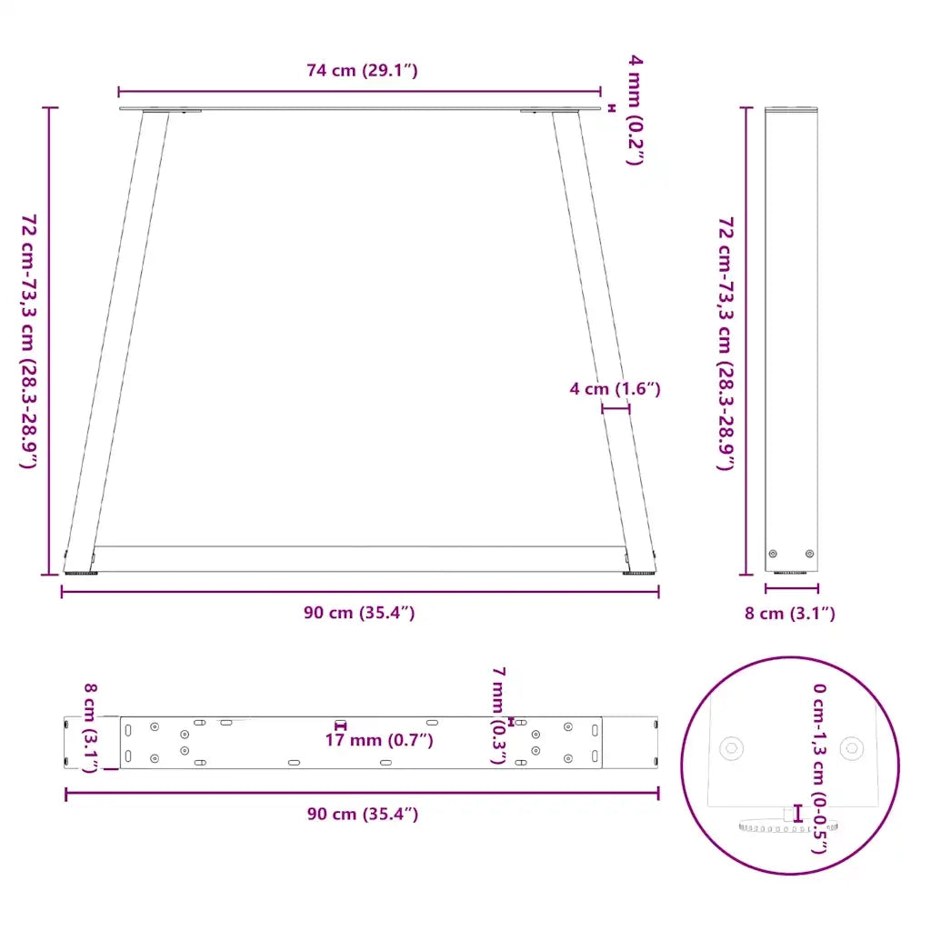 Gambe per tavolo da pranzo a forma di V 3 pz bianche 90x(72-73,3) cm in acciaio 4012593