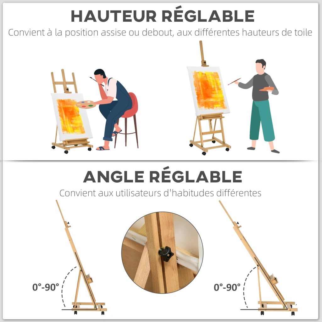 Cavalletto da Pittura Pieghevole in Faggio con Rotelle per Tele 118 cm ¨C zephmum ¨C Legno Naturale