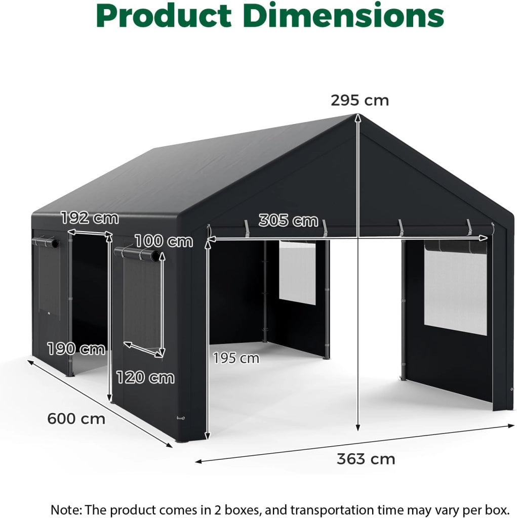 Tenda Garage Auto Esterno, Tettoia per Auto con Telaio in Metallo, Copertura in PE Resistente alle Intemperie, Capanno Giardino per Vehicolo, Bici, Moto, Attrezzi (Grigio, 363 x 600 x 295 cm)