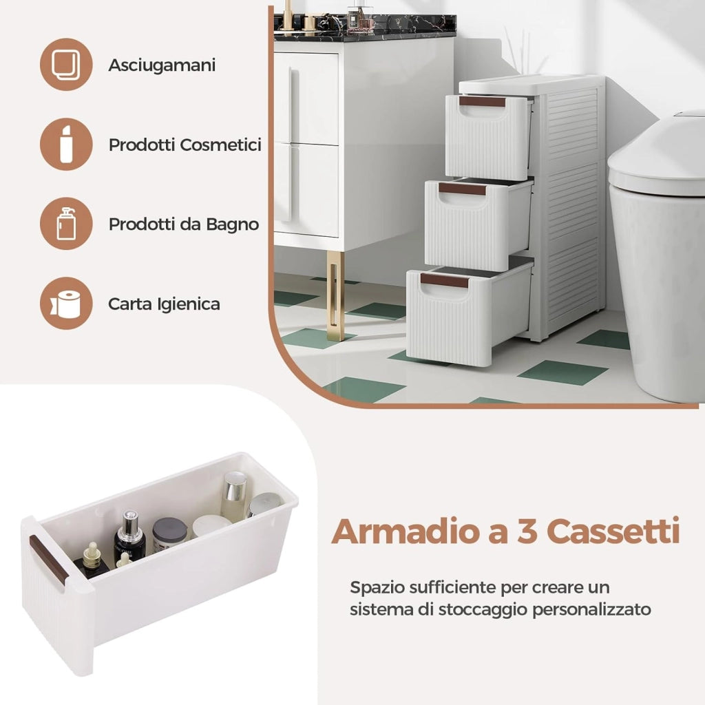 Mobile Bagno con 4 Cassetti, Mobiletto Bagno Salvaspazio con Ruote, Cassettiera in PP per Soggiorno, Bagno e Cucina, 42 x 19 x 74 cm
