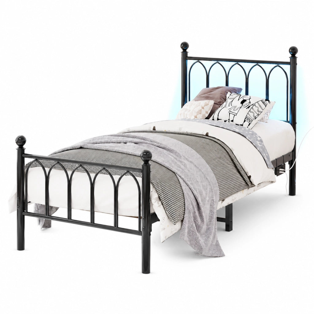 Letto 90x200 cm con LED; USB; presa; spazio sotto letto; MDF e metallo; nero