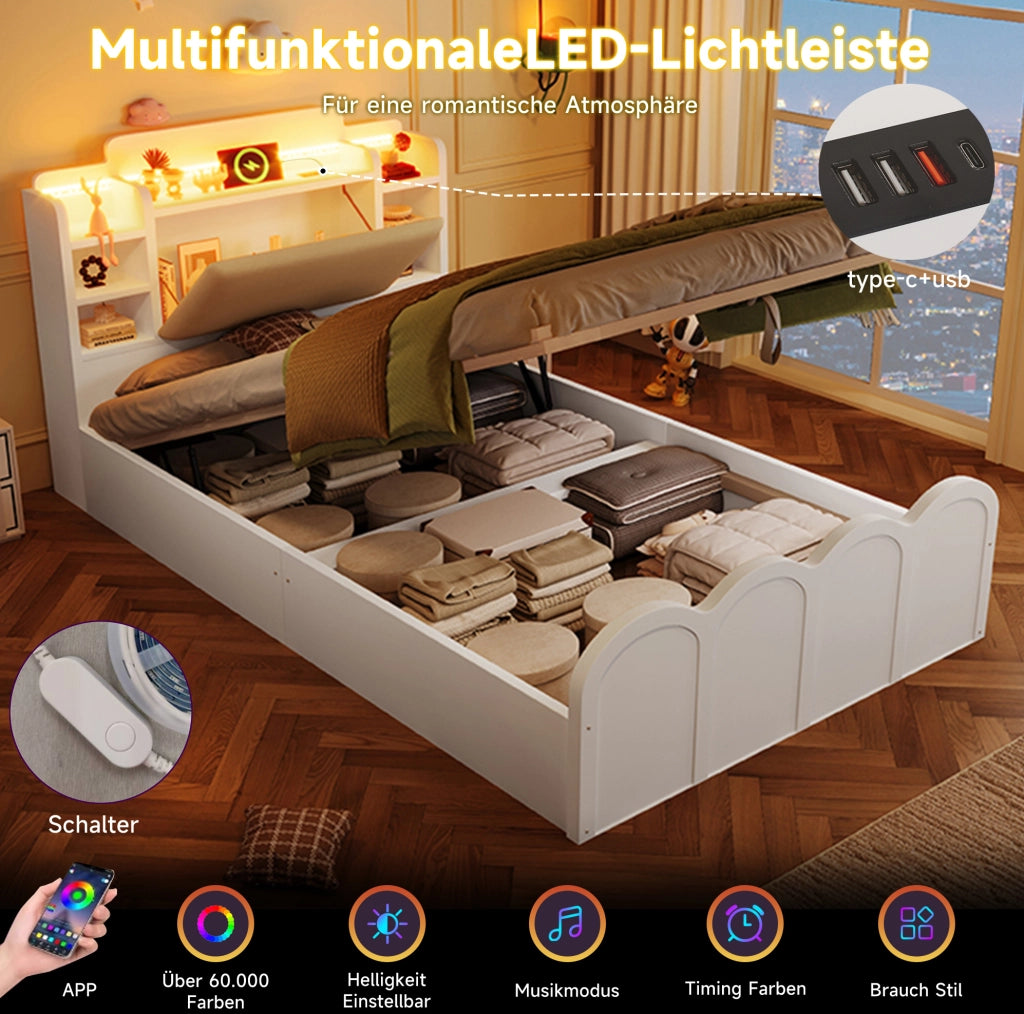 Letto 90 x 200 cm con contenitore idraulico, LED, USB e Type-C bianco