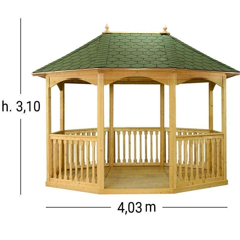 Gazebo In Legno Brompton Pavilion Grande 4,03 X 3,08 X H. 3,10 M - Tetto Rivestito Con Guaina Verde Colore: Verde