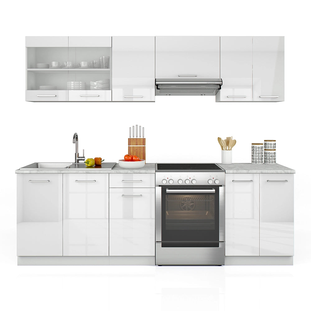 Vicco Mobile da cucina Bianco lucido 240 cm , PL Marmo con striscia LED