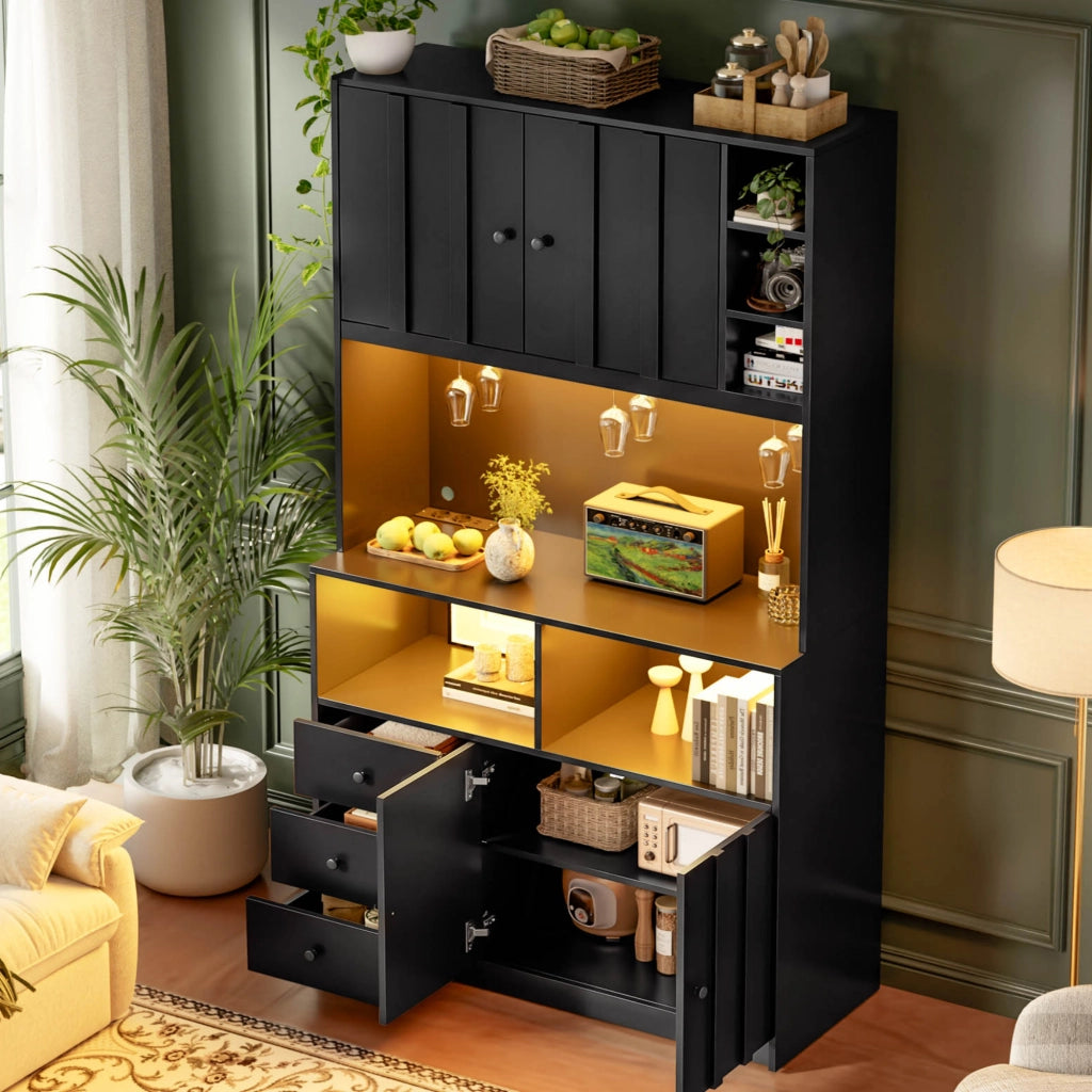 Credenza alta con 3 portabicchieri; prese e LED RGB per cucina e sala da pranzo in MDF nero