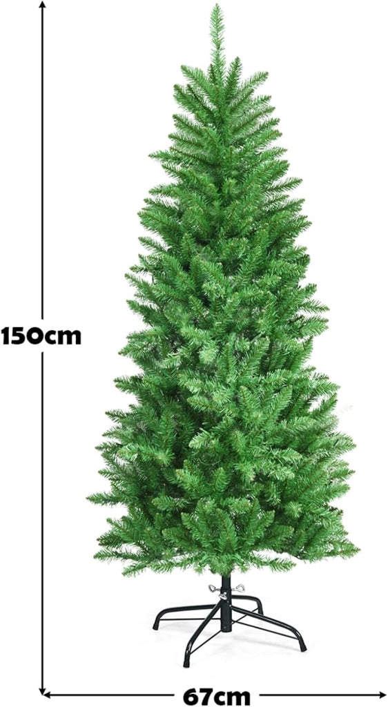 Albero di Natale Slim 150 cm, Albero di Natale con 150 Luci LED, 300 Rami Folti e Base di Metallo, Decorazione Natalizia per Casa e Ufficio (150cm)