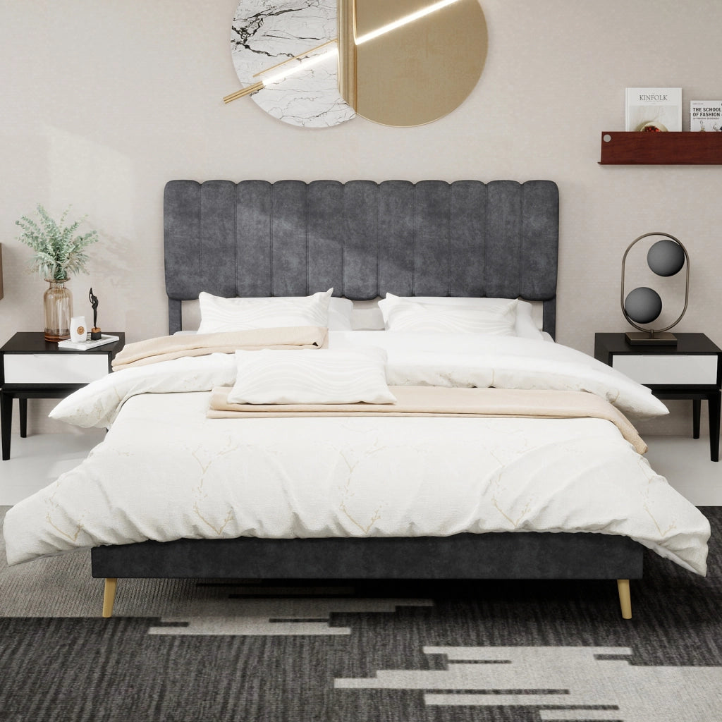 Letto Matrimoniale 160x200 cm; 2 Posti - Struttura Bassa; in Tessuto e Metallo - Grigio