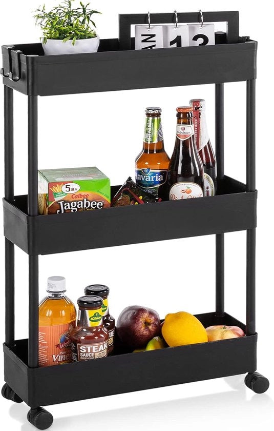 Carrello da cucina, carrello su ruote, ripostiglio per cucina a 3 livelli, carrello sottile per bagno, cameretta, camera da letto, ufficio, 40 x 13 x 67 cm, nero