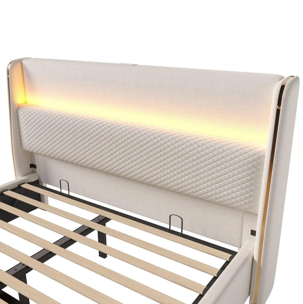 Letto matrimoniale 160x200 cm con testiera alta; contenitore idraulico; LED; USB e Type-C; beige in lino